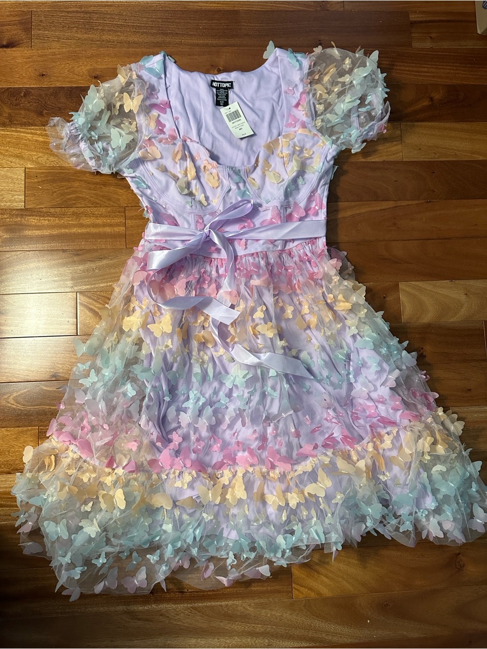 NWT Hot Topic Pastel Butterfly Mesh Puff Sleeve Dress - Size Medium